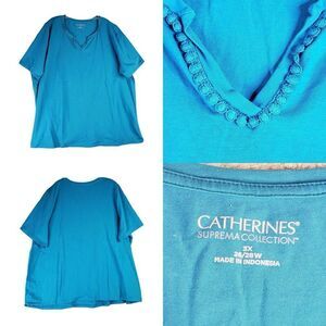 Catherines Shirt Women's Plus Size 3X Blue Short Sleeve Pullover Embellish Neck
